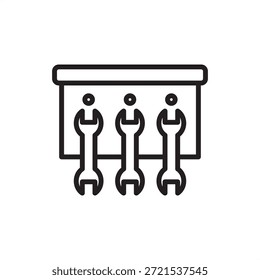 Icono de organizador de herramientas montado en la pared de Industrial con un estante de pegboard de Vertical con tres llaves mecánicas, que simboliza la organización del espacio de trabajo, la eficacia del taller de mantenimiento y la herramienta estandarizada.