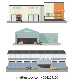 Industrial Warehouse Building With Transportation Vehicles .flat Icons Set, Isolated Vector Illustration