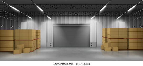 Industrial warehouse, commercial storehouse interior with cardboard boxes standing on pallets, rolling gates entrance 3d realistic vector illustration. Delivery service, postal company ad background