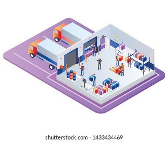 Industrial Warehouse, Distribution or Delivery Company Stuff Prepare Goods for Loading in Trucks, Parcels on Pallets and Racks in Storehouse Business Logistic Service. Isometric 3d Vector Illustration