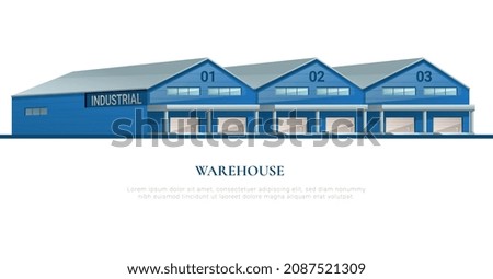 Industrial warehouse flat composition with three similar large storage hangars with gates for transport vector illustration