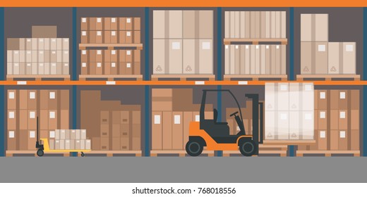 Industrial warehouse interior with goods and pallet trucks, storage and logistics concept