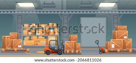 Industrial warehouse interior. Post storage indoor. Wooden boxes on rack shelves inside building. Loaders, ladders, turn on lamps, electric gates on grey background. Flat cartoon. Vector illustration.