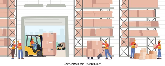 Industrial Warehouse Logistics and Merchandising Concept. Worker Characters Loading and Stacking Boxes on Racks with Forklift Truck. Cargo Storage and Shipping. Cartoon People Vector Illustration