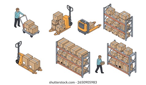 Industrial warehouse operations with boxes pallets forklifts and workers