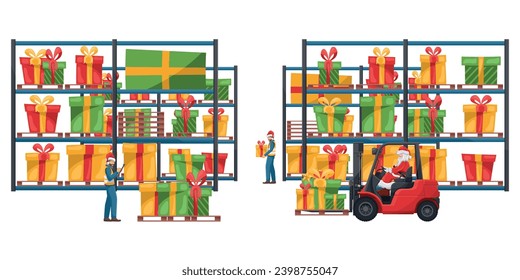 Industrial warehouse with pallet racks with gift boxes. Santa Claus driving a red forklift. Christmas campaign for cargo logistics and shipping of high demand merchandise for the Christmas season