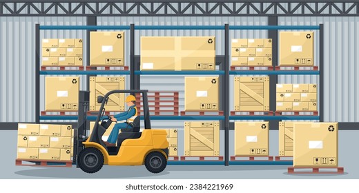 Industrial warehouse with pallet racks with stacked boxes. Industrial worker driving a forklift. Forklift driving safety. Cargo and shipping logistics. Industrial storage and distribution of products