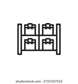 Icono de estantería de almacén de Industrial con una unidad de estantería de almacenamiento de servicio pesado organizada con múltiples artículos de inventario en caja, que simboliza el almacenamiento de Vertical de alta densidad y la optimización de la logística.