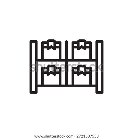 Industrial warehouse racking icon featuring a heavy-duty storage shelving unit organized with multiple boxed inventory items, symbolizing high-density vertical storage, and logistics optimization.