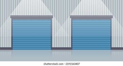 Industrial warehouse rolling doors for the storage of products and merchandise. Industrial storage and distribution of products