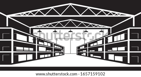 Industrial warehouse with shelves for goods – vector illustration