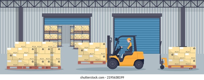 Industrial warehouse for the storage of products with industrial metal racks and shelves for pallet support. Worker driving forklift. Industrial storage and distribution of products