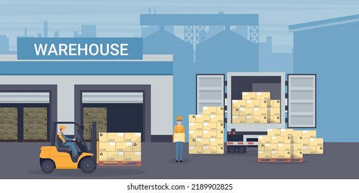 Industrial warehouse for the storage of products with racks with stacked boxes. Worker driving forklift loading pallets a refrigerator truck. Industrial storage and distribution of products