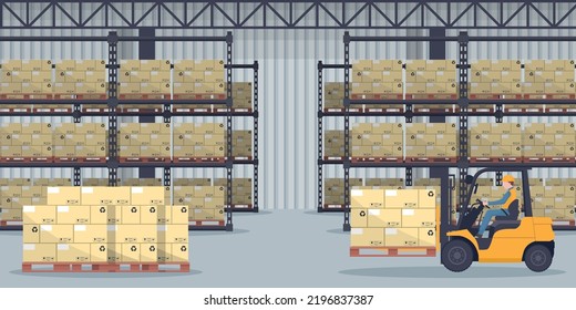 Industrial warehouse for the storage products and racks with stacked boxes. Worker driving forklift loading pallets. Industrial storage and distribution of products