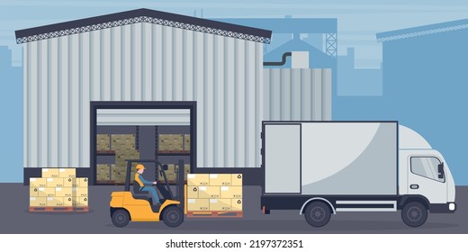 Industrial warehouse for the storage of products. Worker driving forklift loading pallets to refrigerator truck. Industrial storage and distribution of products