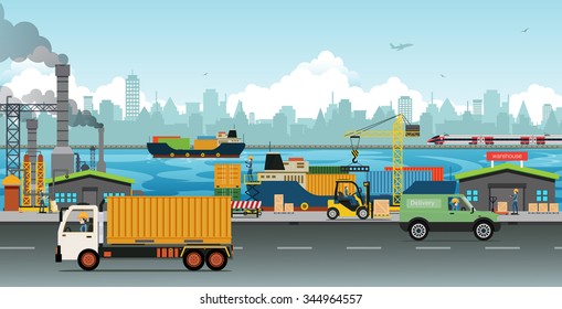 Industrial warehouse with trucks and cargo ships.