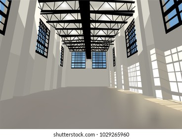 industrial warehouse with windows and LED lighting