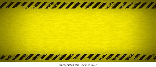 Industrial warning background with yellow and black stripes. Grunge caution tape frame on metal texture. Vector illustration.
