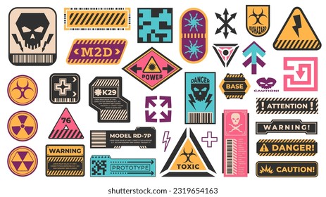 Industrial warning label. Security virus danger alert stickers with police attention, toxic hazard cyberpunk message. Vector isolated set of alert and attention, caution and danger illustration