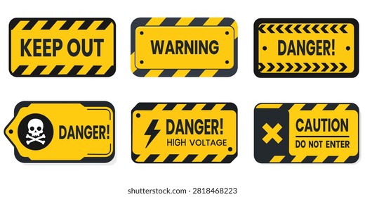 Industrial warning sign collection featuring danger caution hazard keep out high voltage and safety labels for construction workplaces factories equipment compliance and protective communication materials