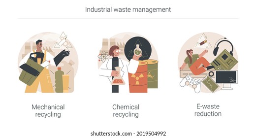 Industrial waste management abstract concept vector illustration set. Mechanical and chemical recycling, e-waste reduction, processing for reuse, trash disposal and utilization abstract metaphor.