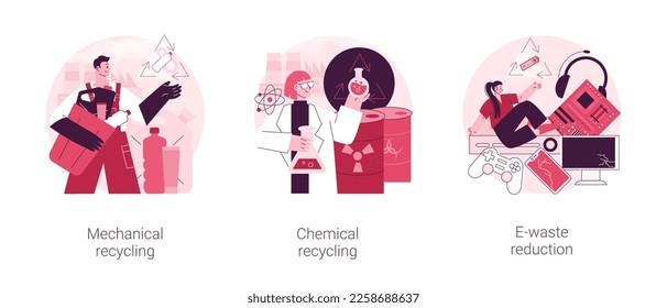 Industrial waste management abstract concept vector illustration set. Mechanical and chemical recycling, e-waste reduction, processing for reuse, trash disposal and utilization abstract metaphor.