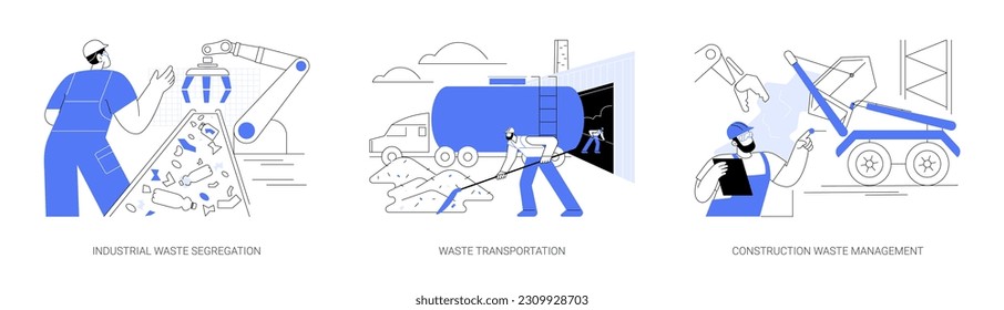 Conjunto de ilustraciones vectoriales abstractas de manejo de residuos industriales. Servicio de segregación de residuos industriales, transporte de basura en camiones de vertederos, gestión de residuos de construcción metáfora abstracta.