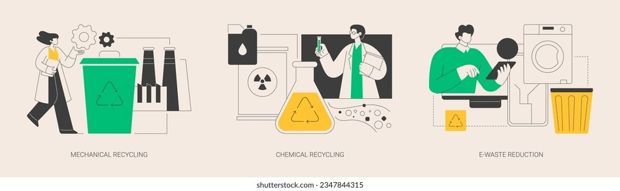 Industrial waste management abstract concept vector illustration set. Mechanical and chemical recycling, e-waste reduction, processing for reuse, trash disposal and utilization abstract metaphor.