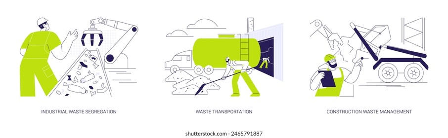 Conjunto de Ilustración vectorial de concepto abstracto de gestión de residuos de Industrial. Servicio de segregación de residuos de Industrial, transporte de basura en camión volquete, gestión de basura de construcción metáfora abstracta.