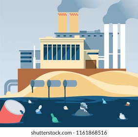 Industrial waste. Polluted dirty water and factory dumping wastewater river. Factory wastewater and garbage, muddy and ugliness pollution illustration vector