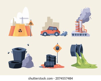 Industrial waste. Toxic urban liquid garbage and city pollution from cars garish vector concept pictures collection