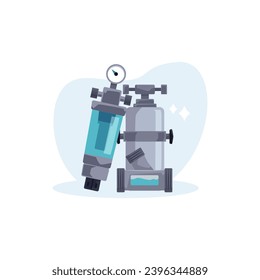 Filtro de agua industrial, ilustración vectorial aislada en fondo blanco. Dispositivo técnico y material para la purificación de agua, objetos de diferentes formas, recipiente con líquido azul. Estilo de caricatura plano