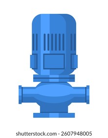 Industrial water pump illustrated in flat cartoon vector style, shown in blue shades on white background. Concept of plumbing, machinery, and engineering. Vector illustration