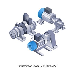 Industrial water pump machine infographics flat isometric 3d illustration