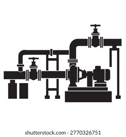 Industrial Water Pump Station System Vector Illustration Icon with Pipes and Valves for Plumbing Engineering and Manufacturing Plant Design