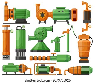Industrial water pumps, pumping station appliance. Water compressor, pumping station equipment vector illustration set