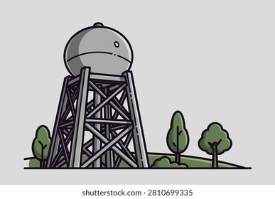 Industrial water tower structure standing tall on a grassy hill with several trees against a plain light grey background.
