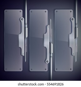 Industrial web glass vertical banners with metal support on dark background isolated vector illustration