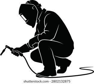 Industrial welder worker crouching silhouette, professional metalwork craftsman wearing protective mask helmet, manufacturing industry illustration