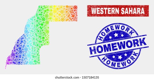Industrial Western Sahara map and blue Homework textured seal stamp. Rainbow colored gradiented vector Western Sahara map mosaic of production units. Blue rounded Homework seal.