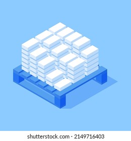 Industrial white rectangle heavy bricks on wooden pallet isometric vector illustration. Architecture material building structure supply warehouse storage delivery service manufacturing production