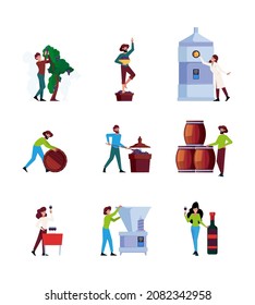 Industrial winery. Wine production stages harvesting grapes and making alcoholic drinks organic food garish vector colored pictures in flat style