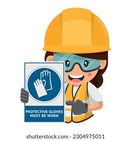 Industrial woman construction worker with mandatory use of gloves warning sign. Protective gloves must be worn. Industrial safety and occupational health at work