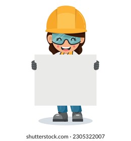 Industrial woman worker with his personal protective equipment holding banner with space for text for advertising, presentations, brochures. Industrial safety and occupational health at work