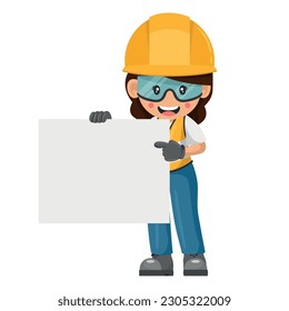 Industrial woman worker with his personal protection equipment holding a sign with space for text. Industrial safety and occupational health at work