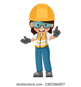 Industrial woman worker with his personal protective equipment pointing his finger. Expressing an idea and indicating with the index finger. Industrial safety and occupational health at work