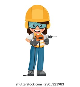 Industrial woman worker with personal protective equipment using a drill. Concept of repair, maintenance and technical support. Industrial safety and occupational health at work
