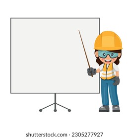 Industrial woman worker with personal safety equipment giving a talk or industrial safety training. Engineer in a presentation with space for text