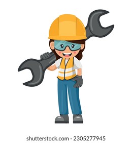Industrial women worker with mechanic's wrench. Concept of repair, preventive maintenance and technical support. Industrial safety and occupational health at work