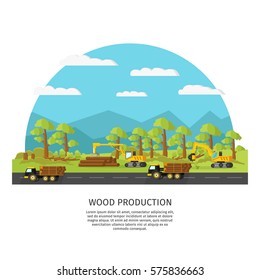 Industrial wood manufacturing template with vehicle and trees cutting loading transportation processes vector illustration